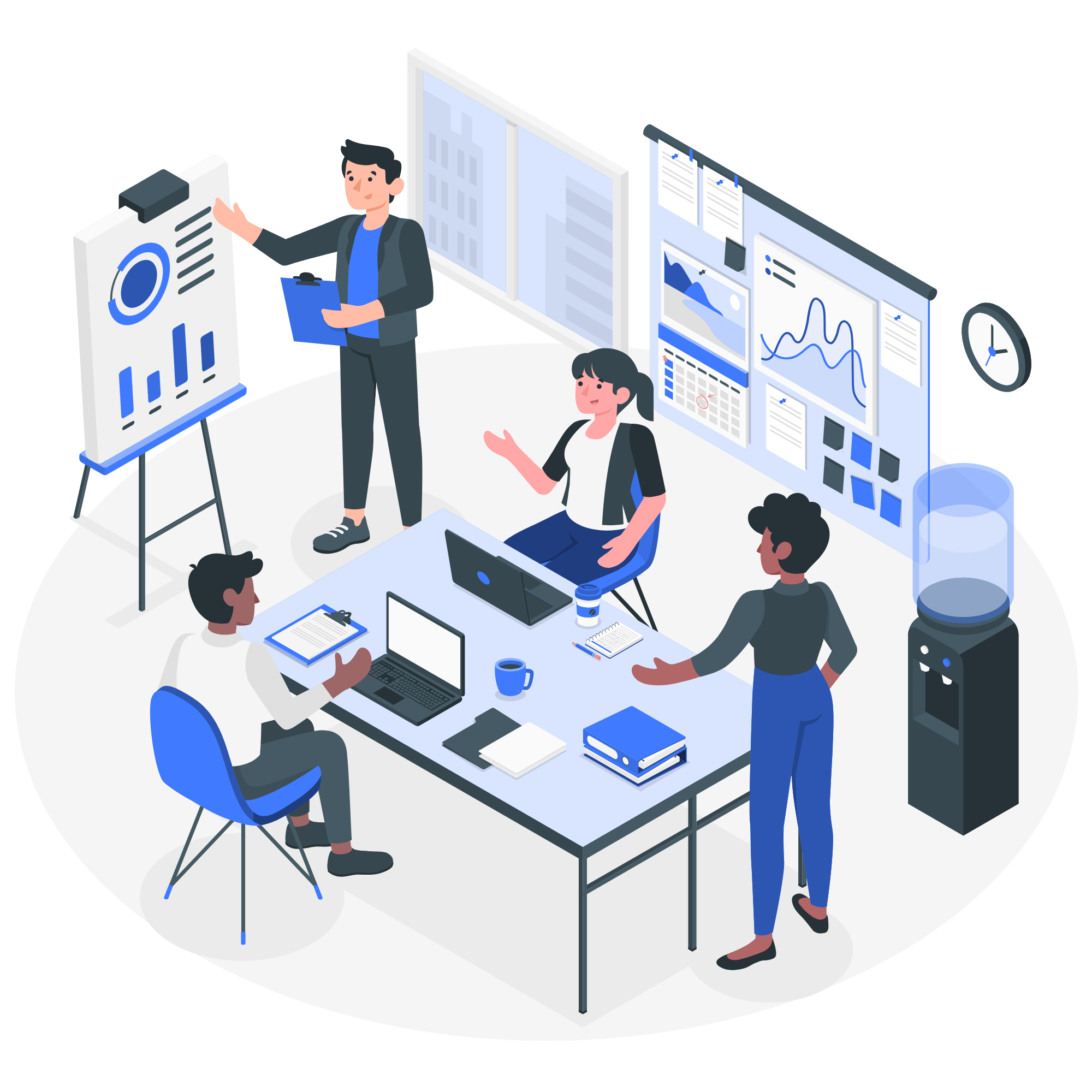 A vector image of people having a meeting in the office.