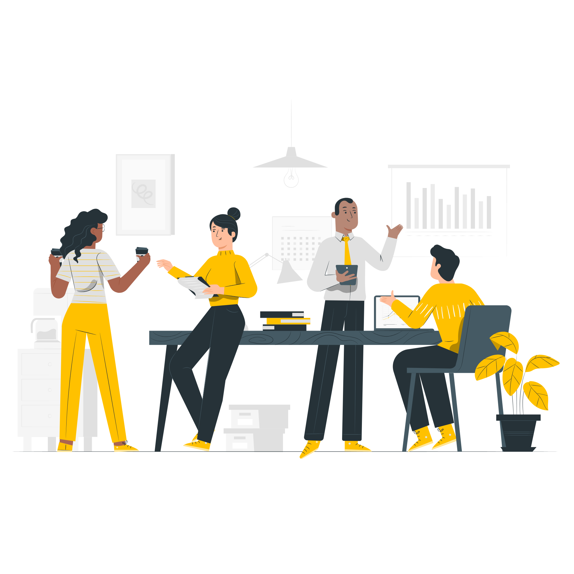 A vector image of a people having a discussion at the office. Some are standing while some are seated.