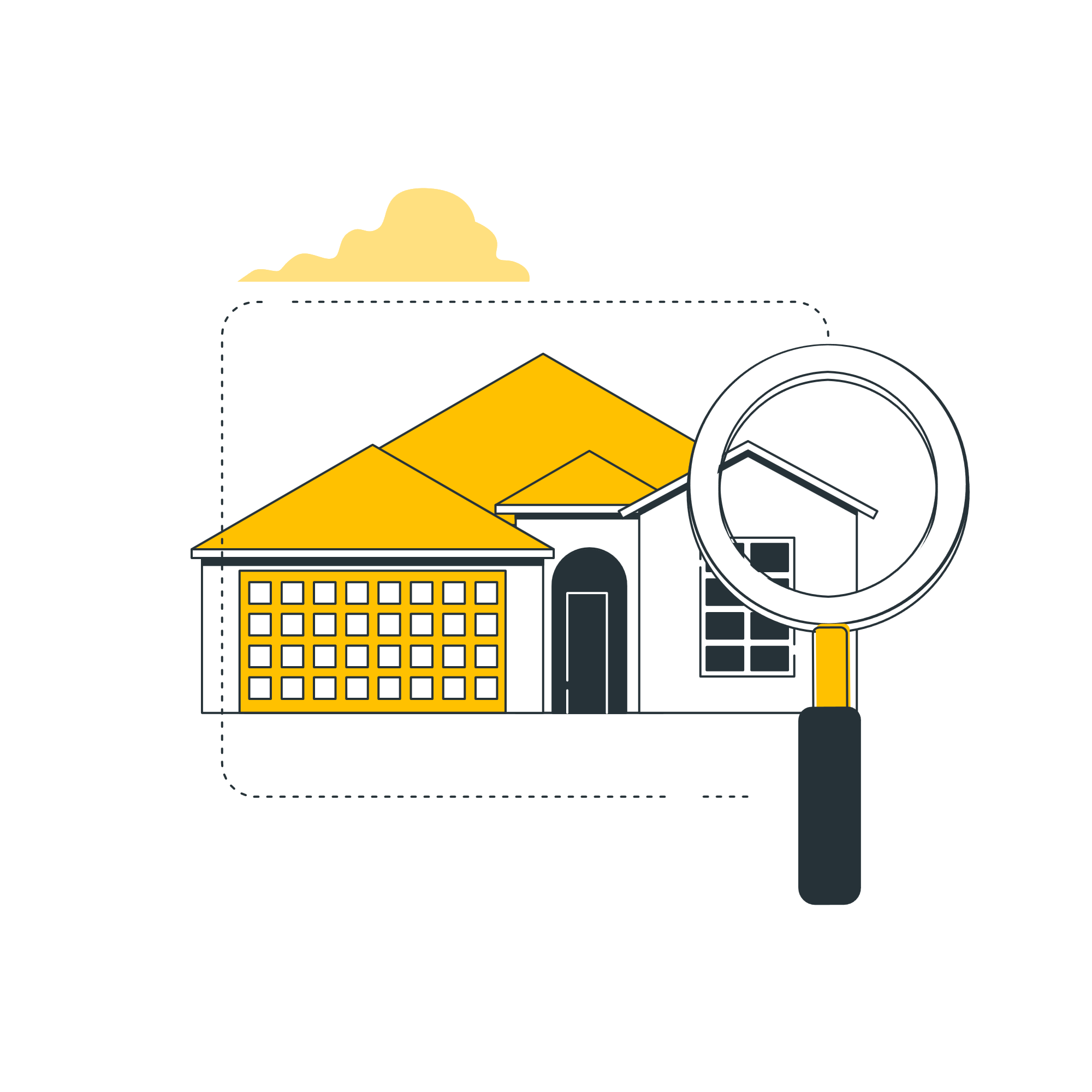 A vector image of houses with a search icon