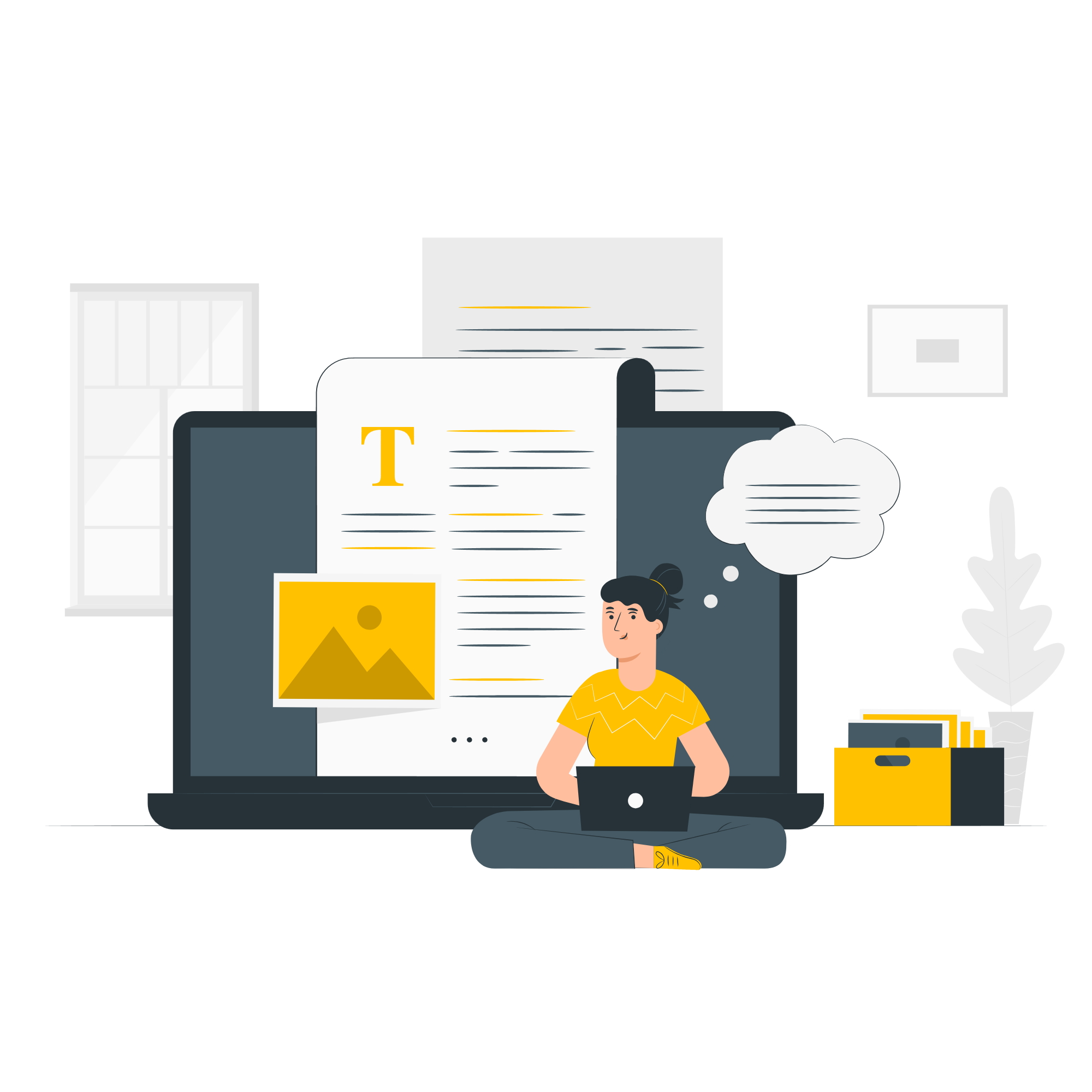 A vector image of a person typing on a laptop with a laptop screen displaying an article at the back